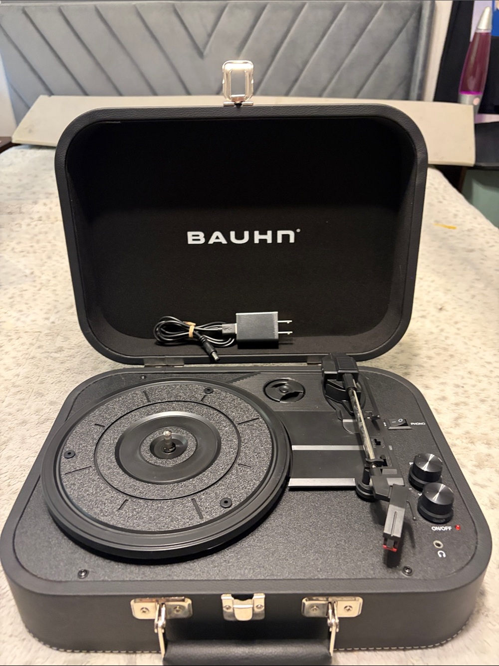 Black Portable Suitcase Record Player with Built-In Controls